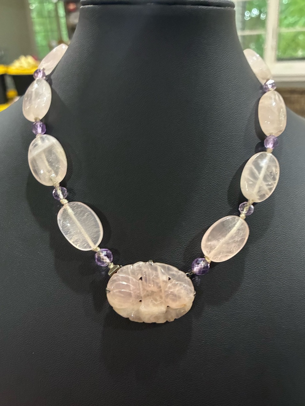 Antique Art Deco Chinese Export Rock Crystal, Rose Quartz & Amethyst Necklace